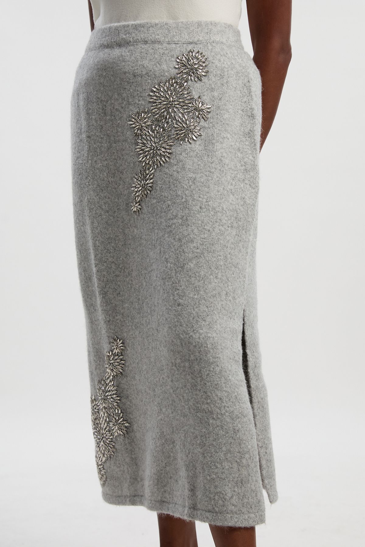 KarenMillen Plus Size Wool Blend Embellished Cosy Pencil Midi Skirt