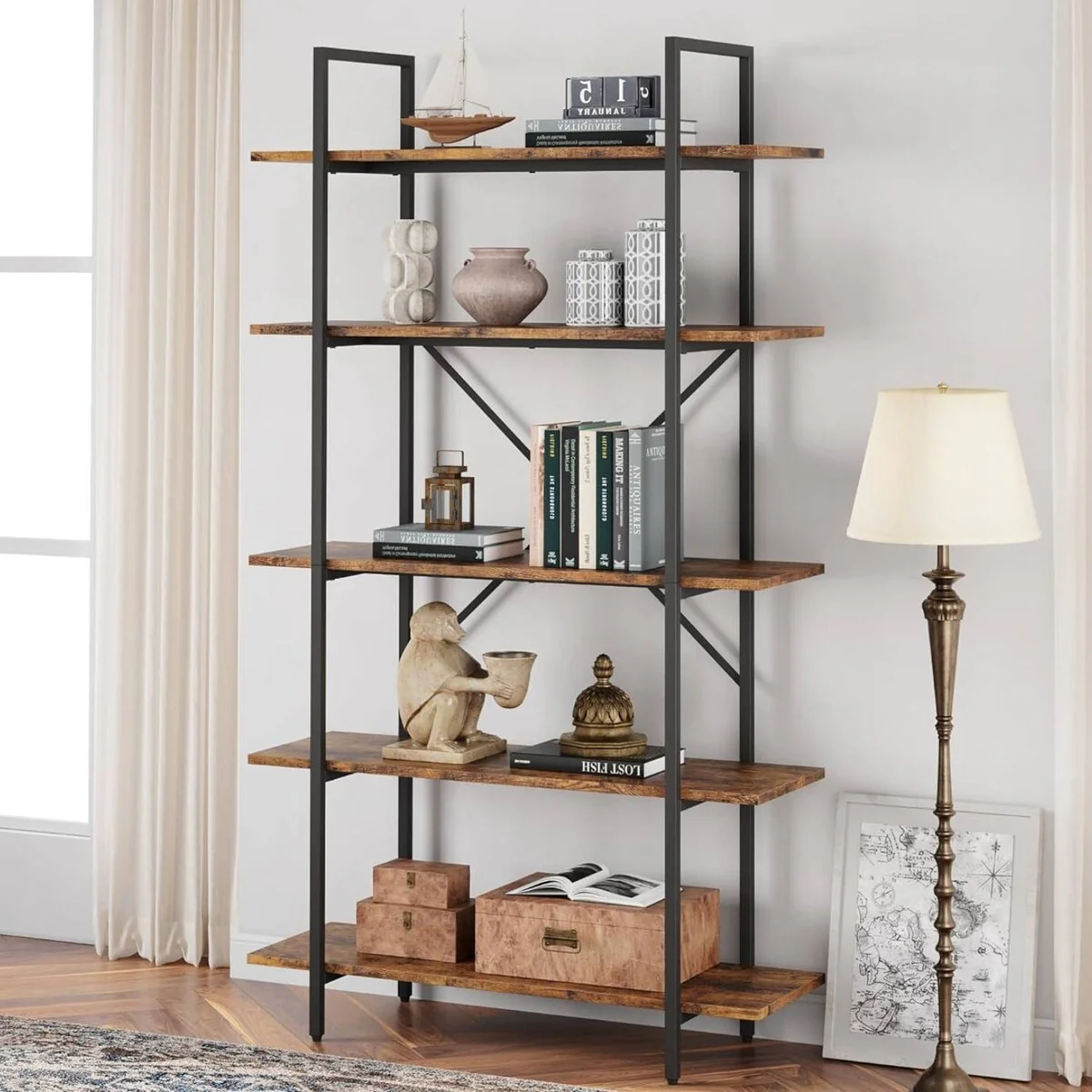 5 Tier Tall Bookcase with Open Display Shelves - N/A