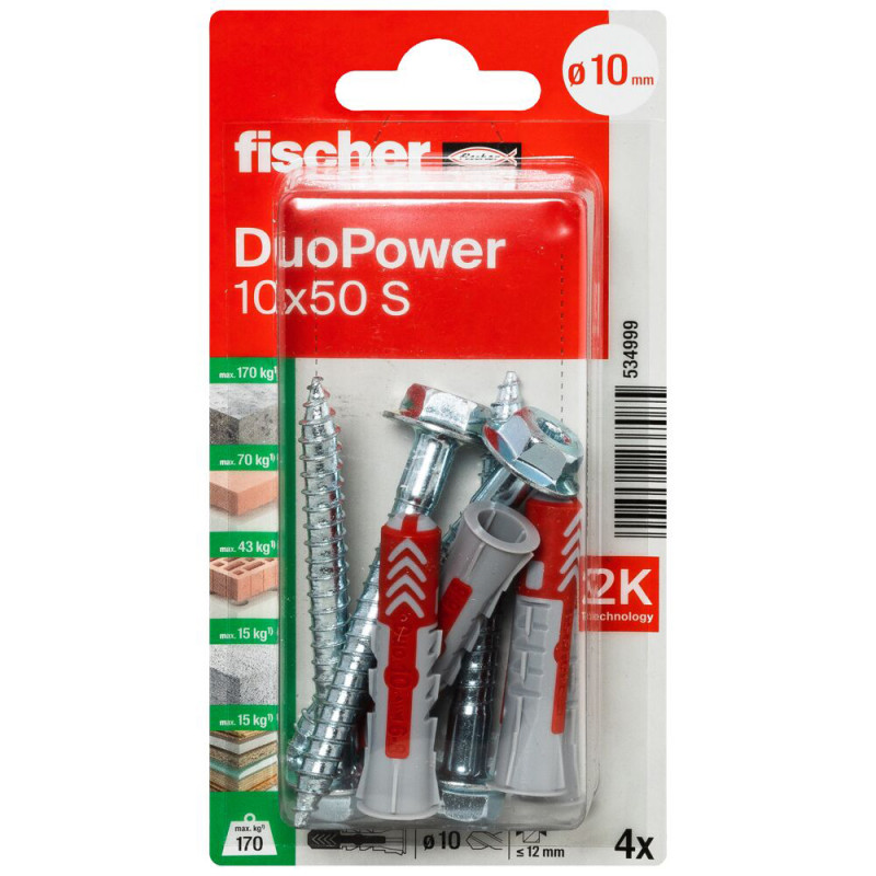 Cheville DuoPower S en nylon avec collerette et vis Ø 10 x 50 mm 4 pièces
