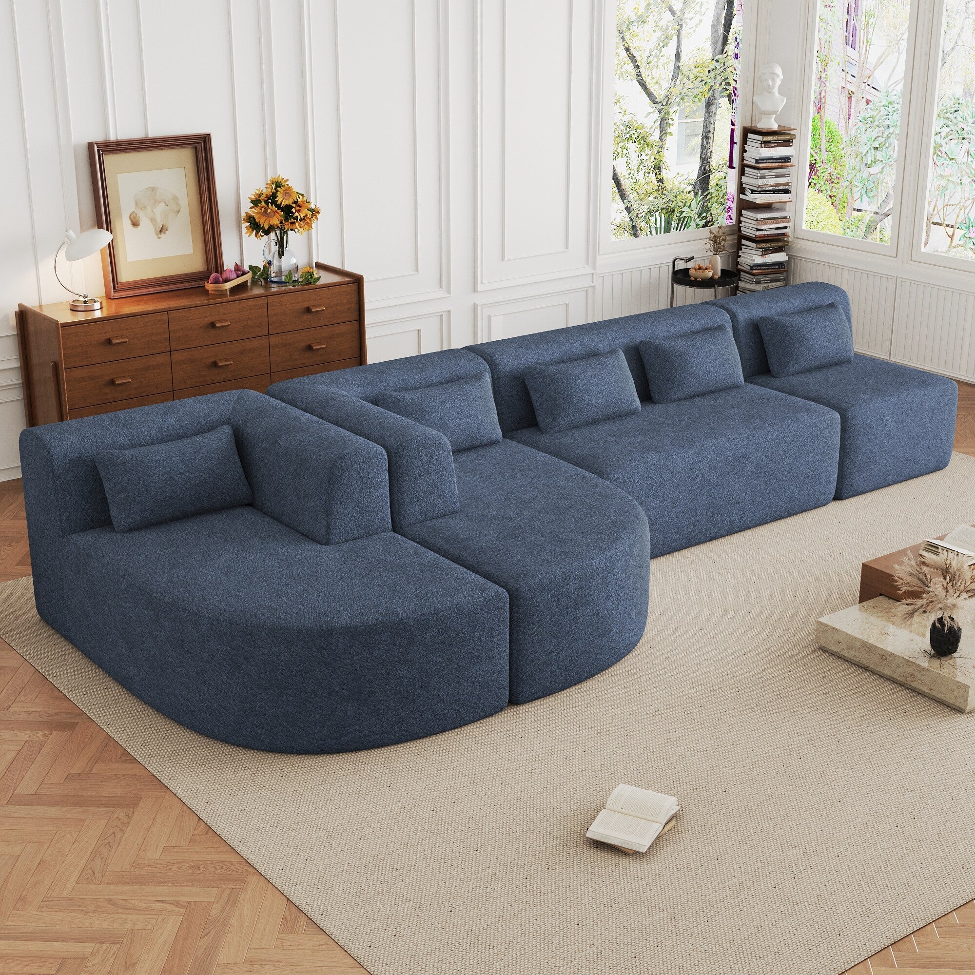 Modern Modular L Shaped Sofa with Curved Chaise Lounges and Boucle Upholstery Five Back Pillows for Living Room