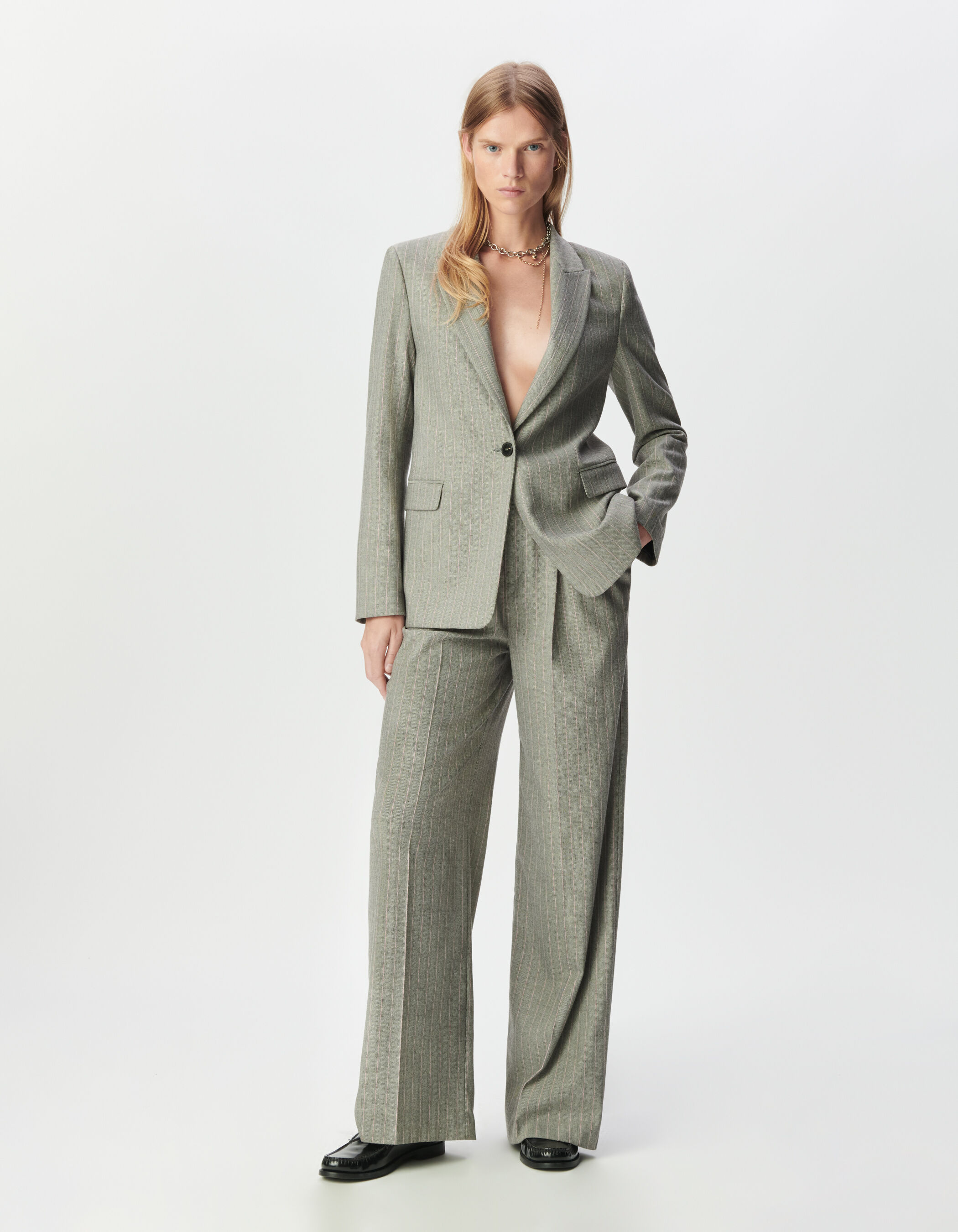 Veste de tailleur grise motif rayures roses Femme