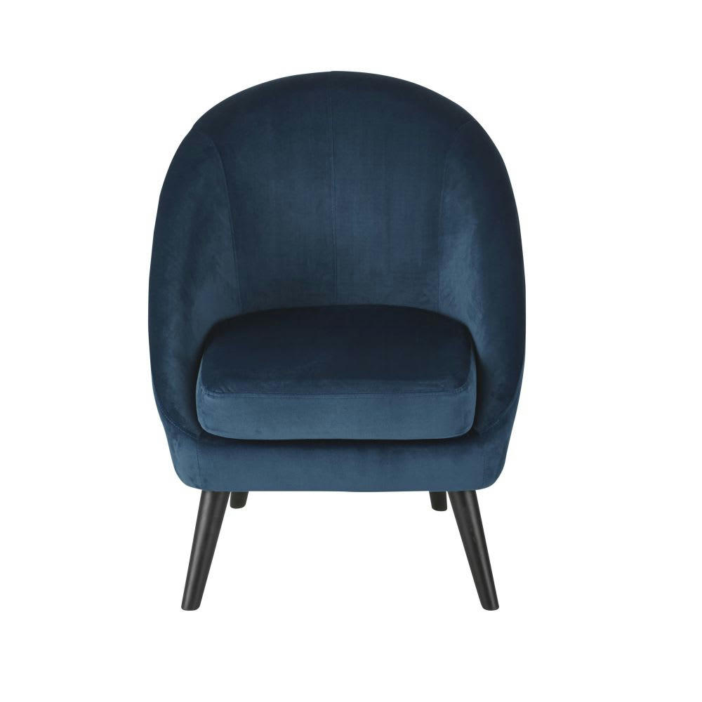 Suzie - Fauteuil vintage en velours bleu nuit et hévéa massif