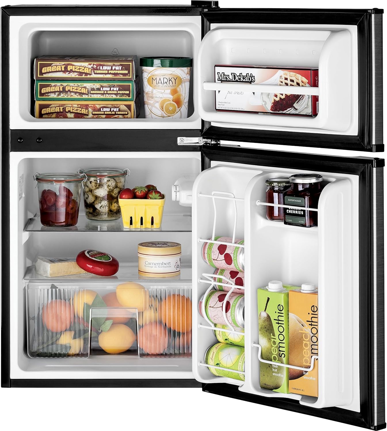 GE Mini Fridge With Freezer | 3.1 Cubic Ft. | Double-Door Design With Glass Shelves, Crisper Drawer & Spacious Freezer | Small Refrigerator Perfect for the Garage, Dorm Room, or Bedroom | Clean Steel