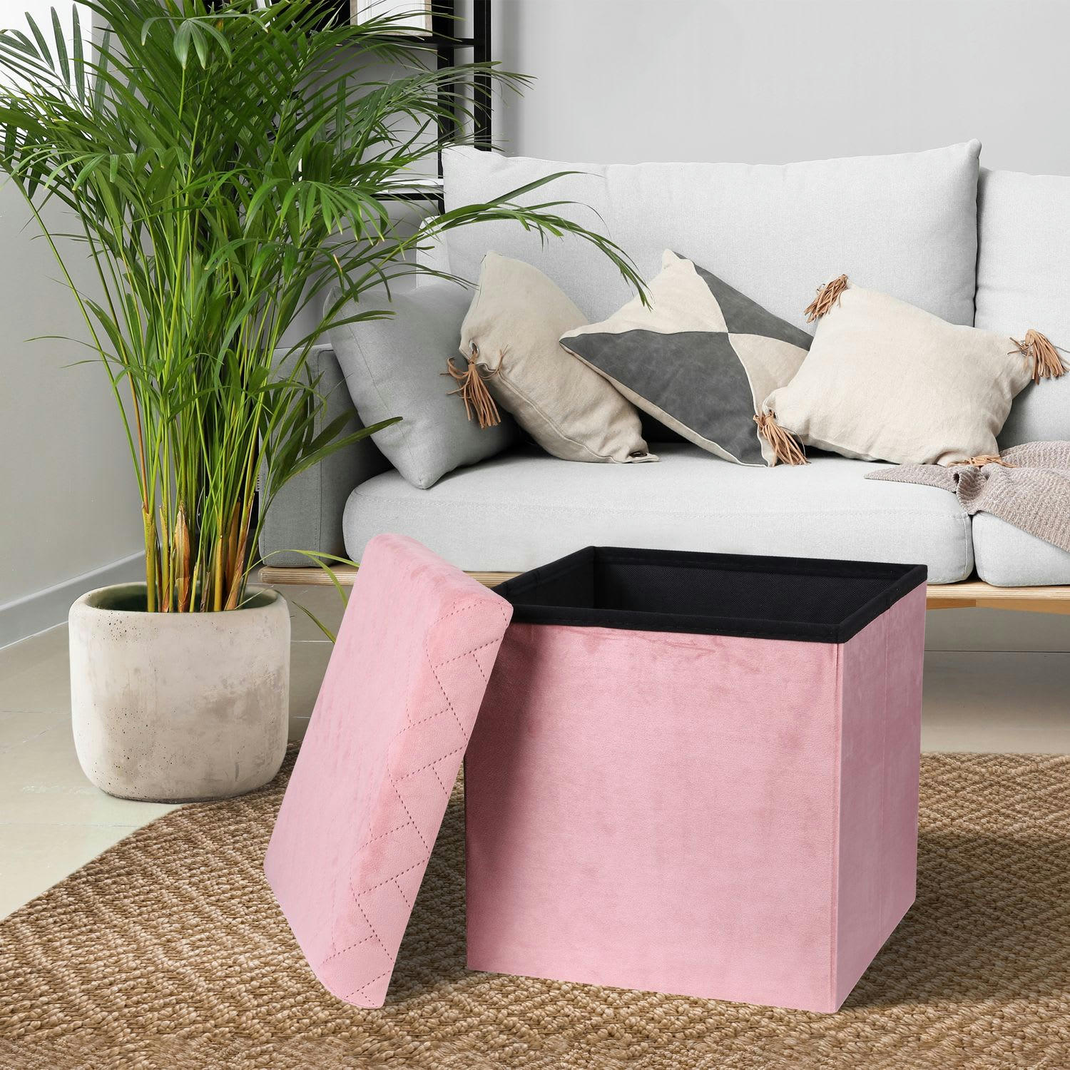KUBE - Pouf de rangement pliable en velours rose