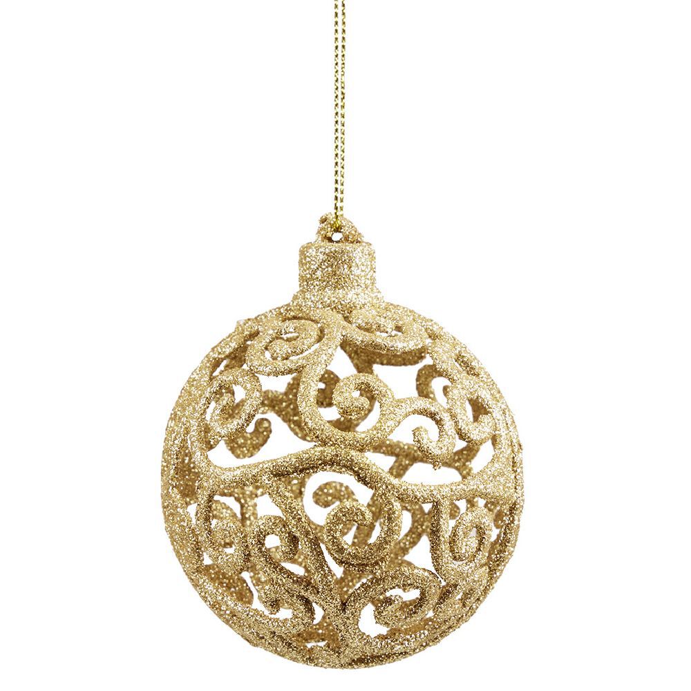 Boule de No&euml;l ajourée motif arabesque pailleté doré Ø8 cm x3