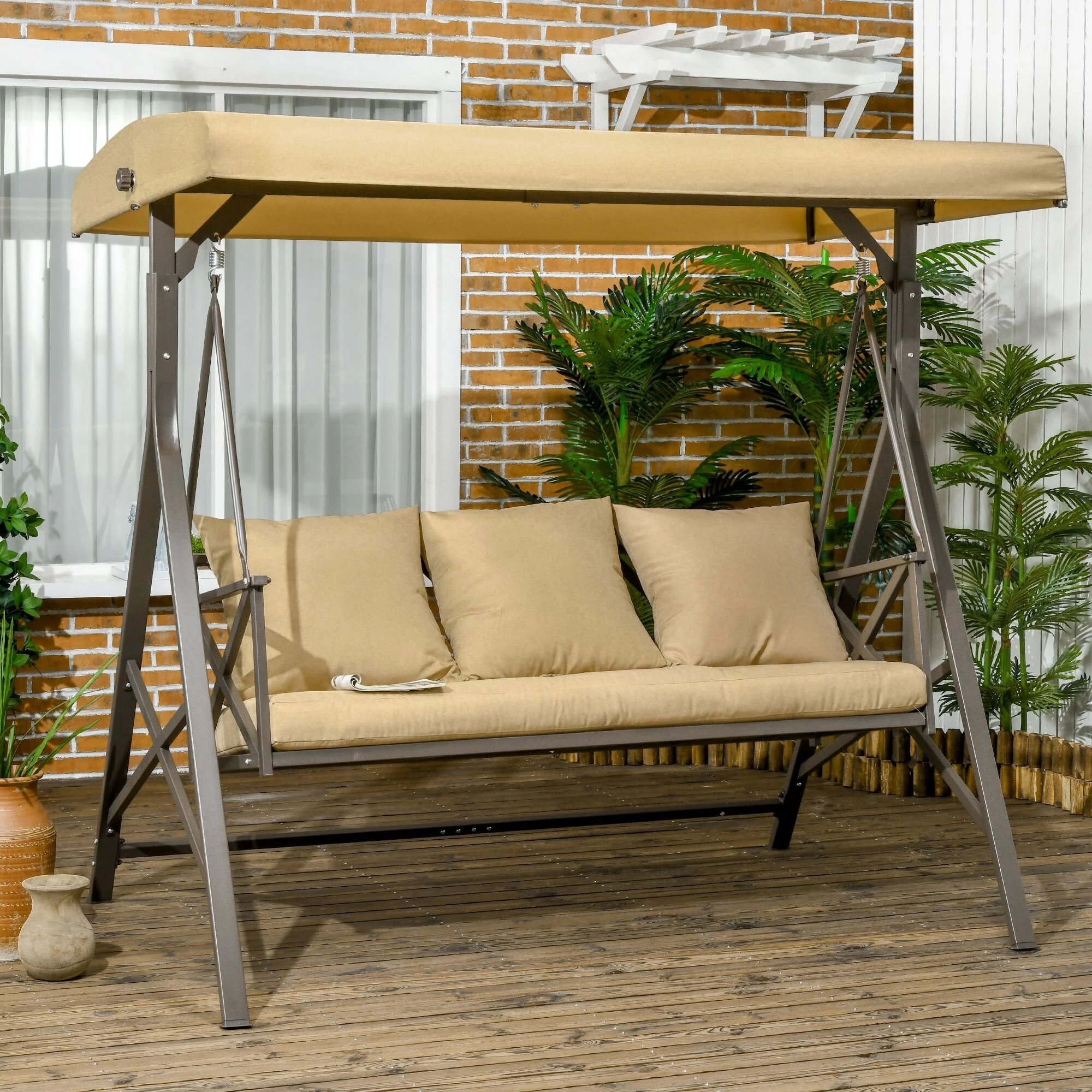 Steel 3-Seat Patio Swing with Canopy & Pillows