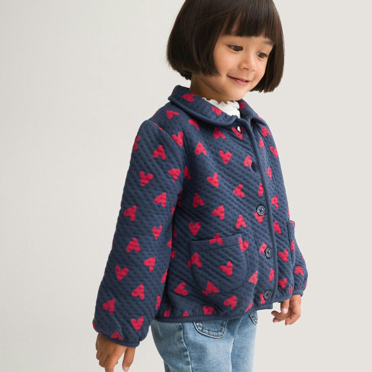 Sweat boutonné col claudine, imprimé coeurs