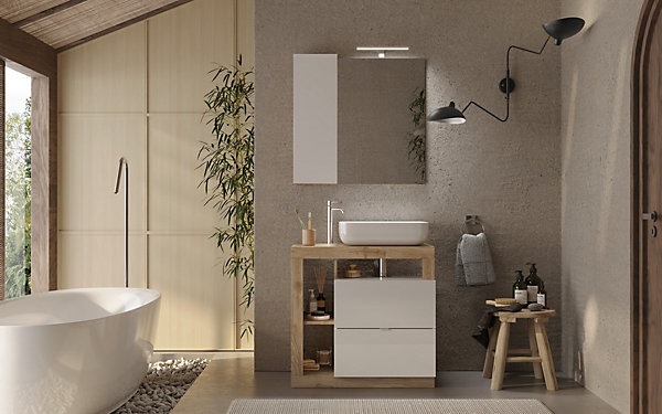 Ensemble salle de bain meuble miroir vasque HAMBURG blanc brillant, Kadiz 79 x 79 x 49 cm