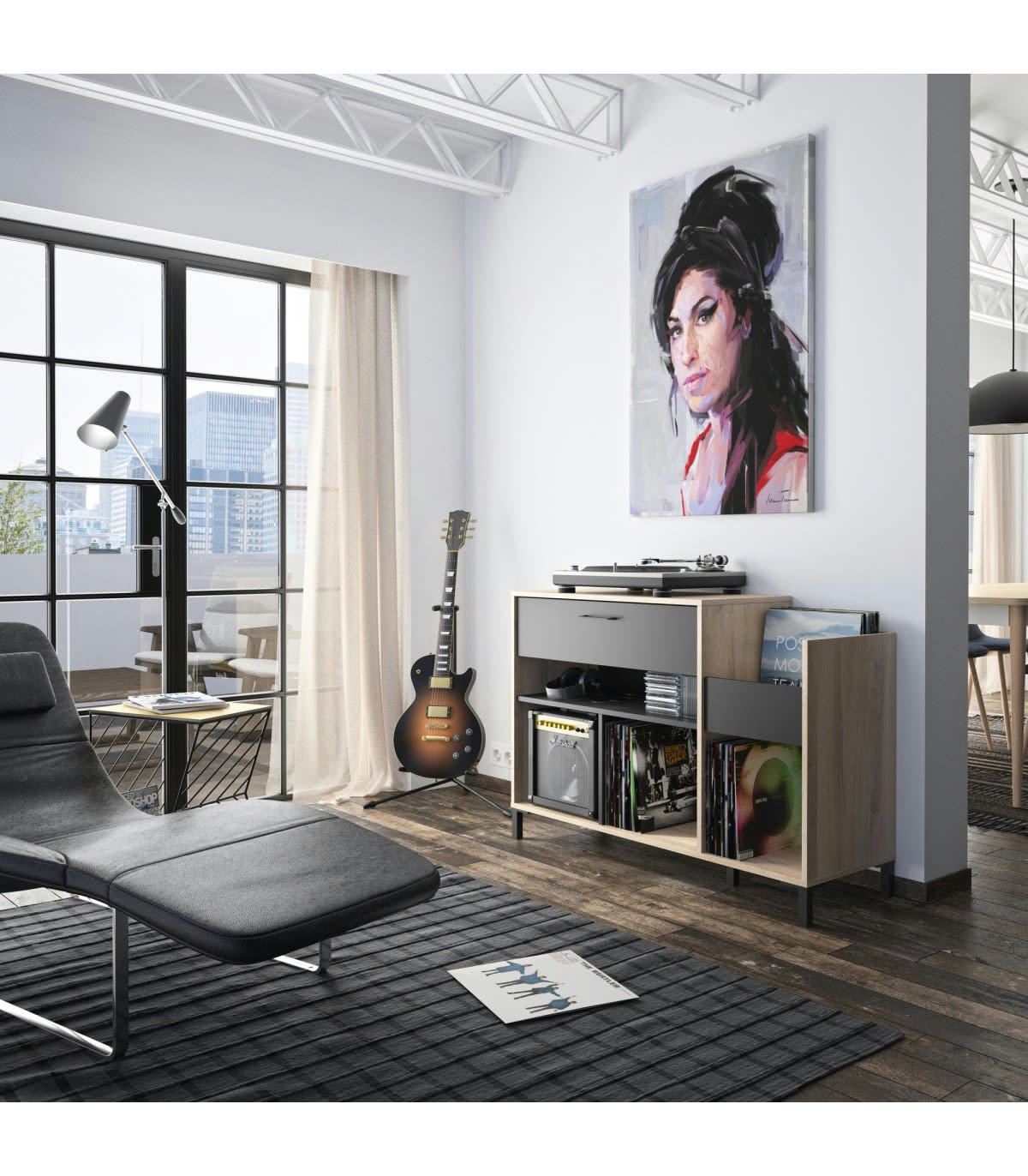 CHICAGO - Meuble de rangement vinyles 1 tiroir style industriel - Marron et noir