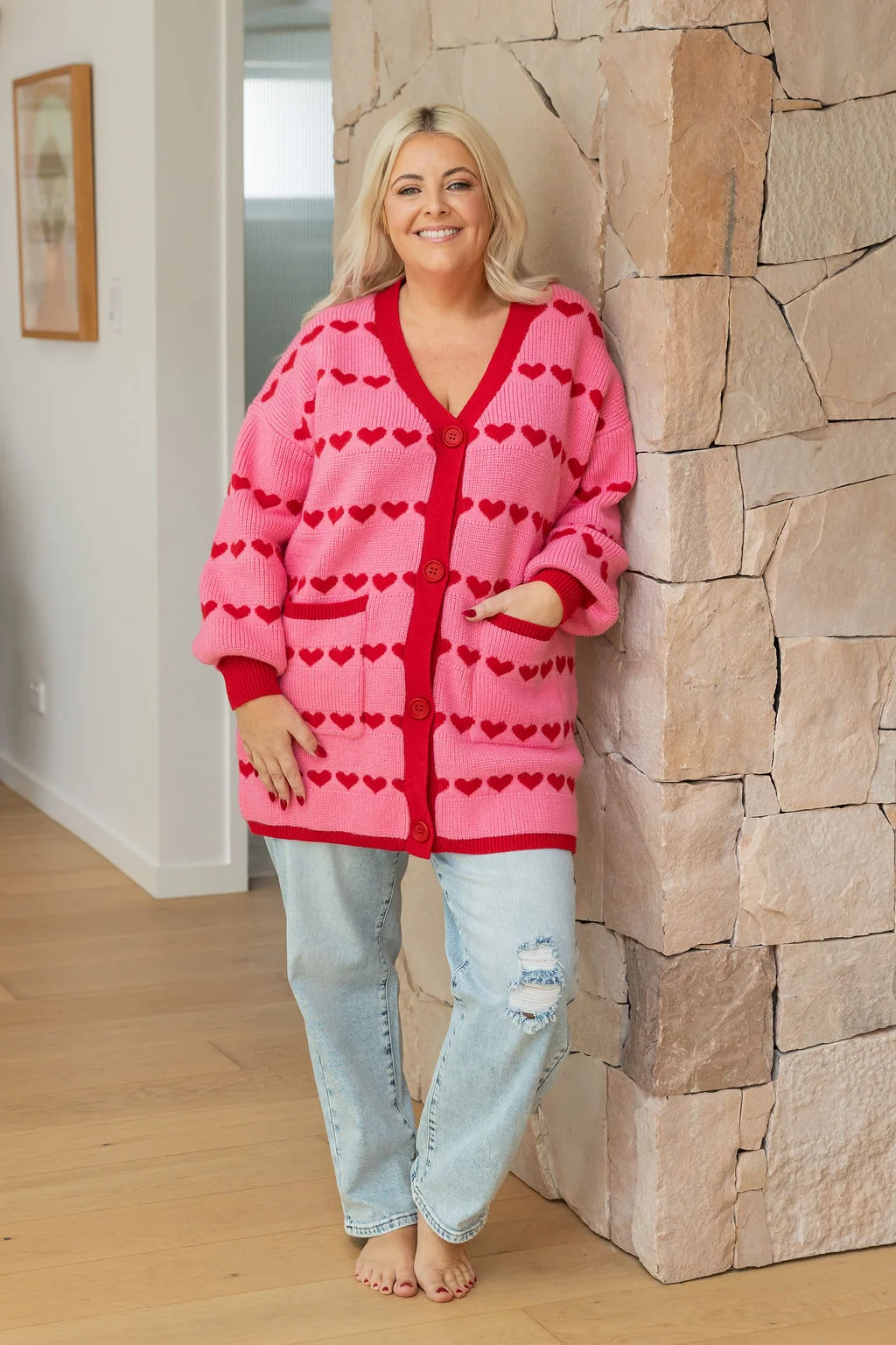 Devon Knit Cardi in Pink/Red Hearts