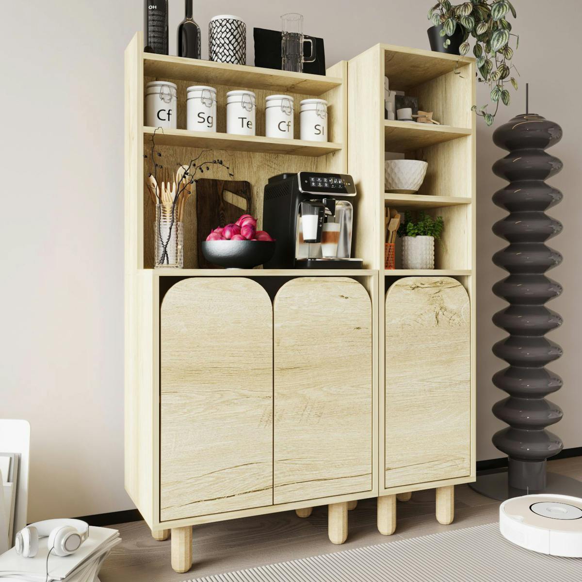 Vaisselier cuisine effet bois 3 portes courbes VAREN