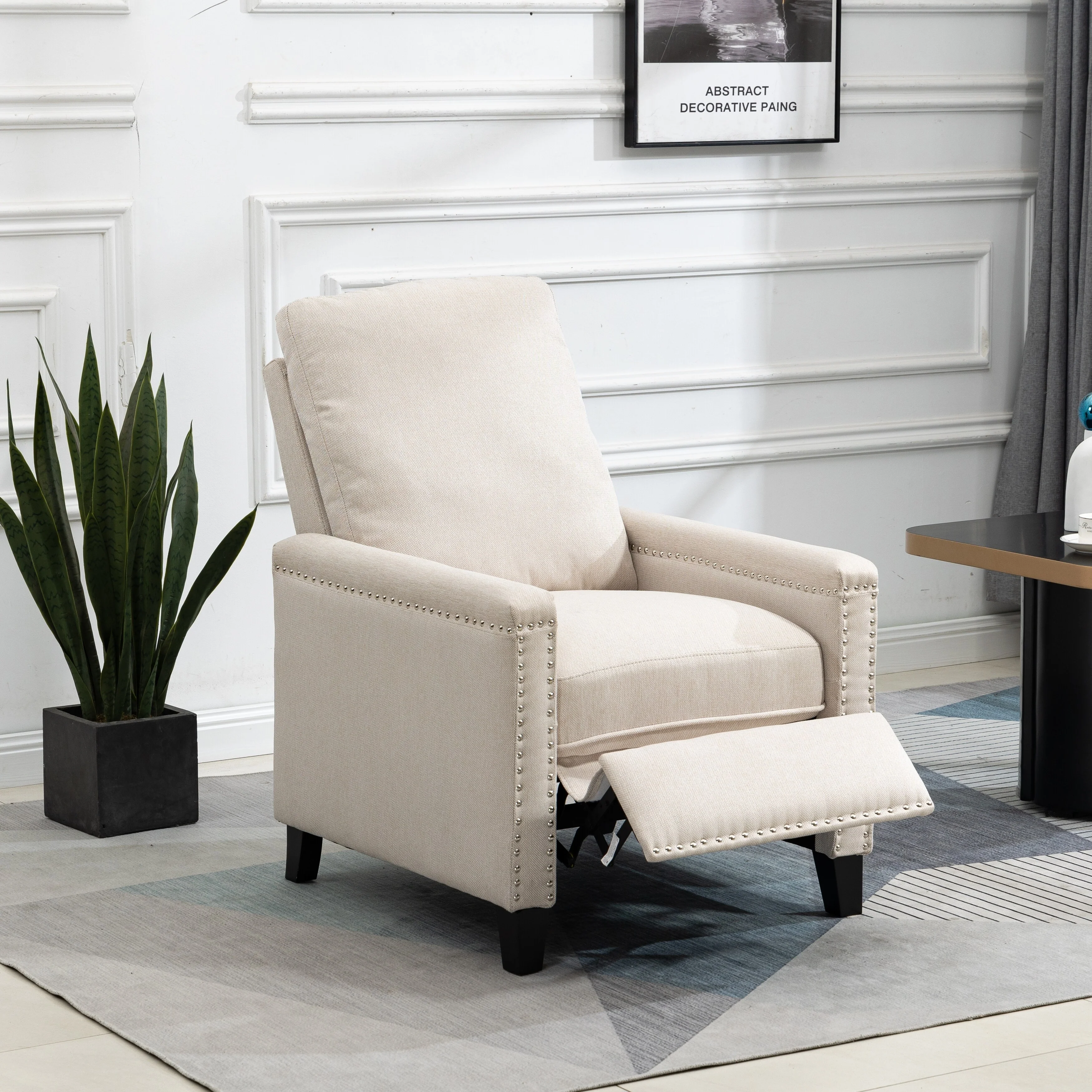 Beige Modern Velvet Manual Recliner with Cushions and Nailhead Decoration