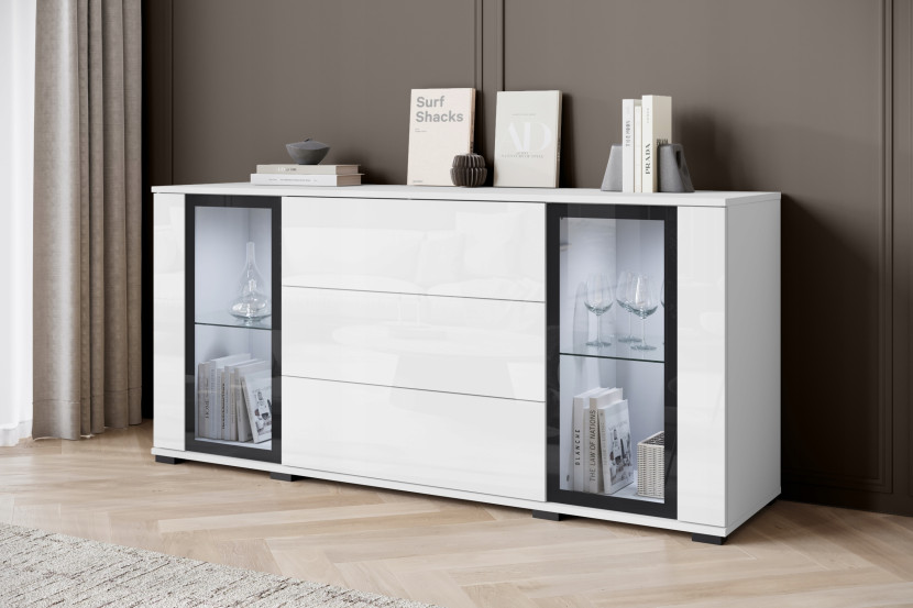 Komoda 150 cm witryna ze szkłem, szuflady półki, biały mat/połysk z LED