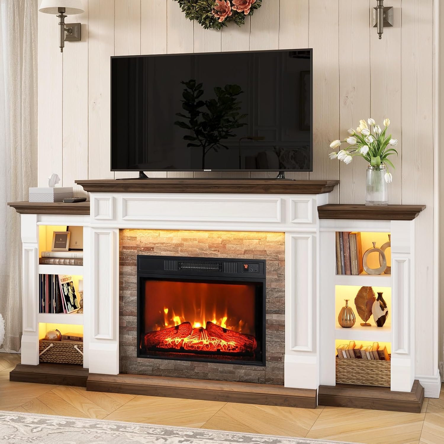 72 Electric Fireplace with Mantel and Cabinets, Fireplace TV Stand for Living Room Bedroom, LED Light, Stacked Stone Surround and Remote Control 3D Realistic Flame