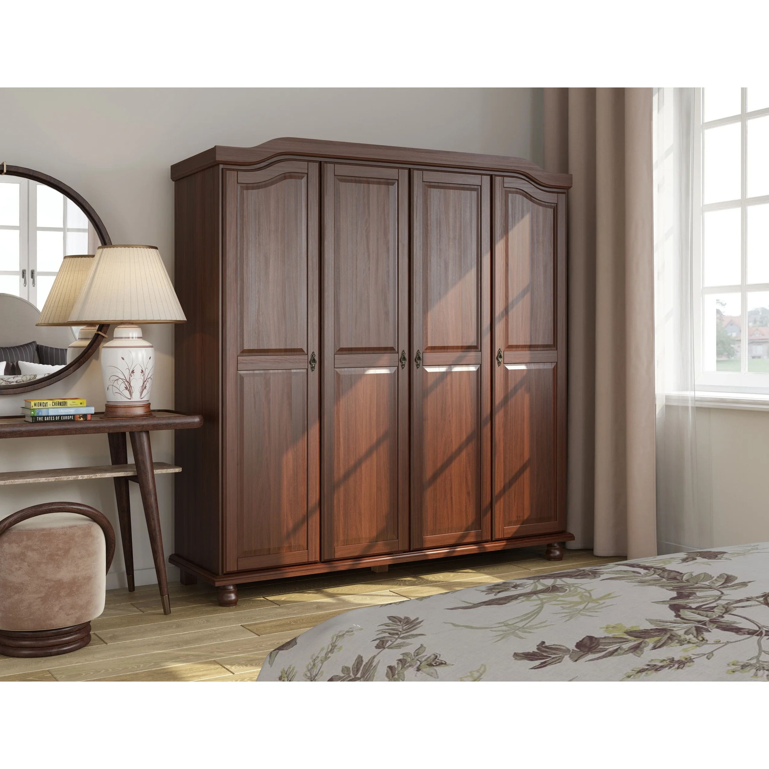 Kyle 4-Door 100% Solid Wood Wardrobe, Mocha