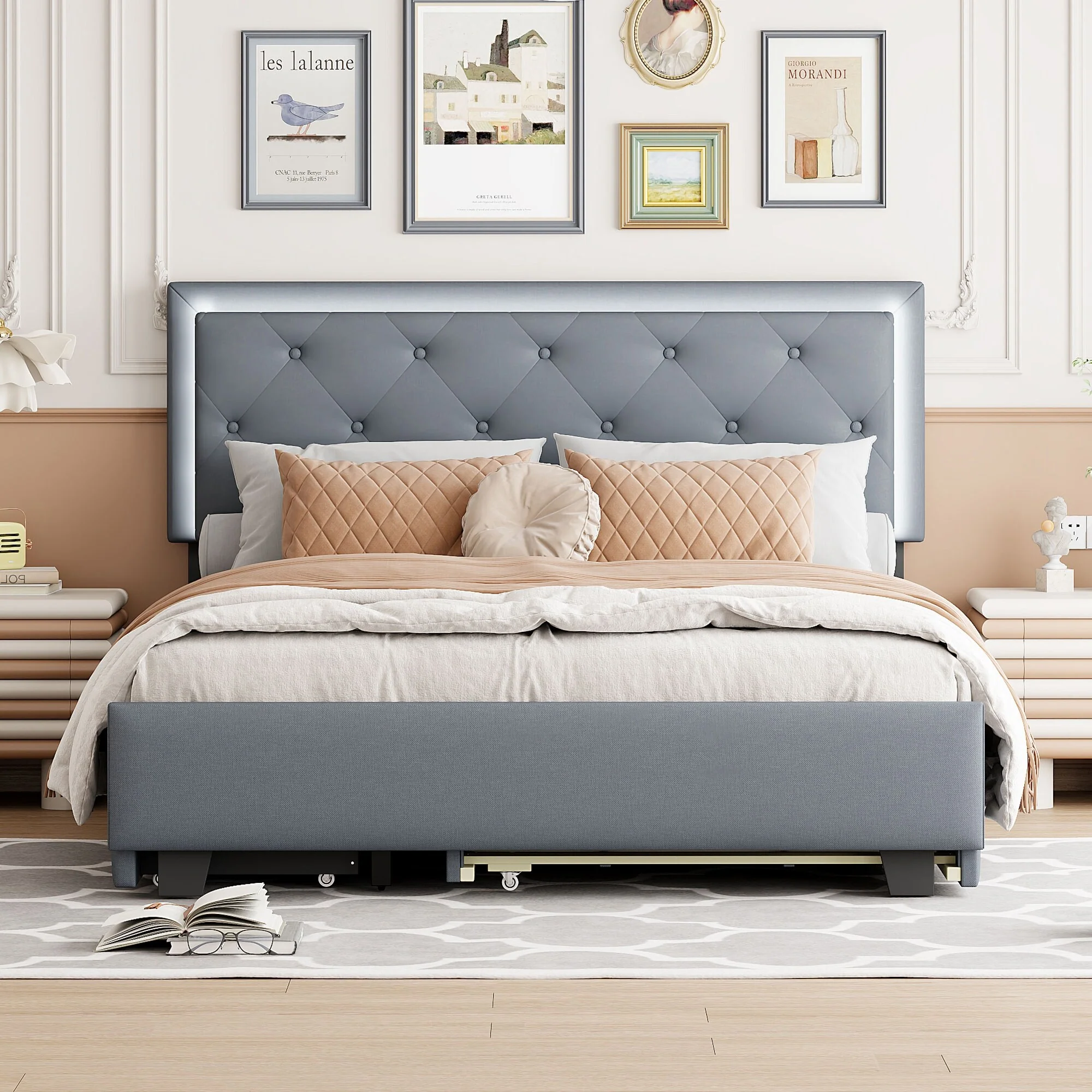 Queen Upholstered Platform Bed with LED Lights and Trundle for Extra Sleeping Space