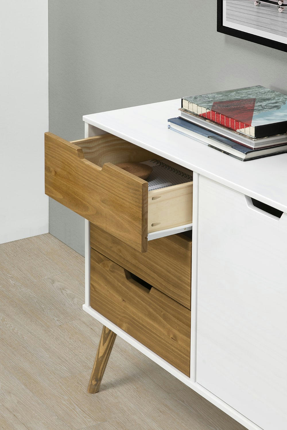 JAVA - Buffet commode 3 tiroir y 2 porte blanc, pin massif, longueur 140 cm