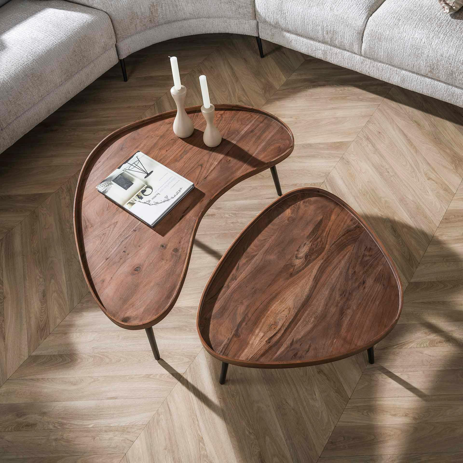 Table basse bois brun forme organique à rebords (x2) NAKO