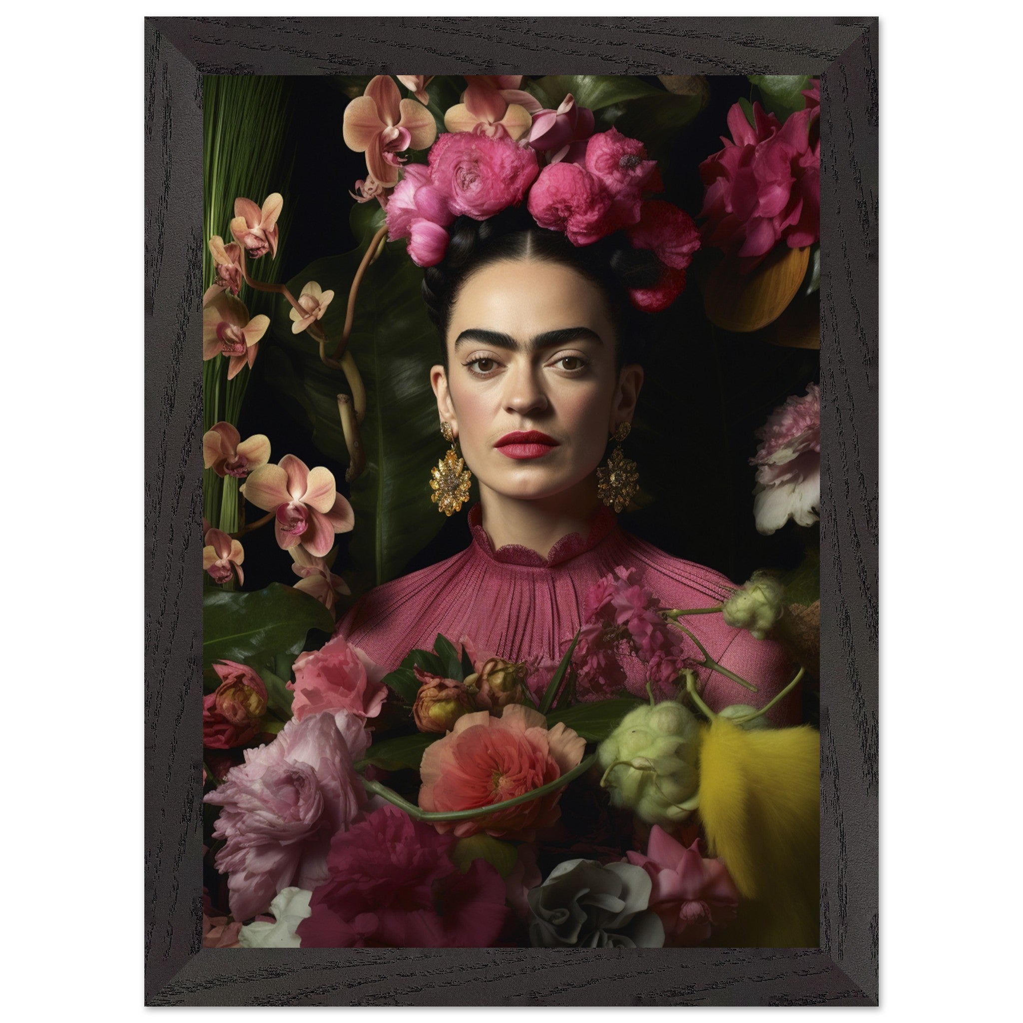 Artfulprints Poster met Lijst Frida Kahlo - Floral portrait  - A4 21x29.7 cm - Roze