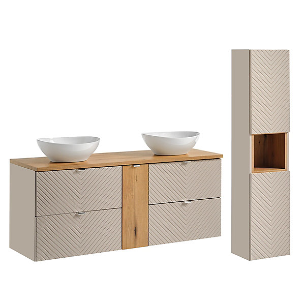 Ensemble meuble double vasque 140cm 4 tiroirs 1 porte et colonne Manoa Cachemire et bois