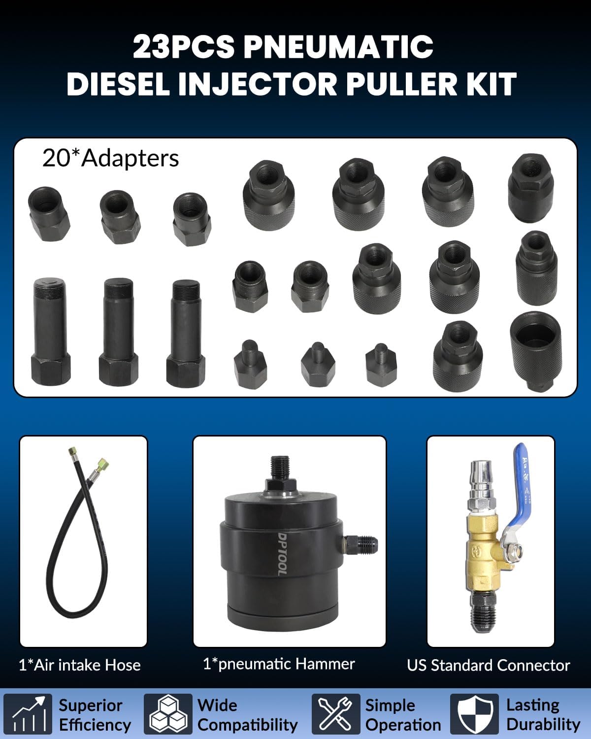 Universal Pneumatic Diesel Fuel Injector Puller Tool Kit Injector Remover Extractor with Impact Air Tool compatible with Benz for Bosch for Siemens etc Diesel Engine