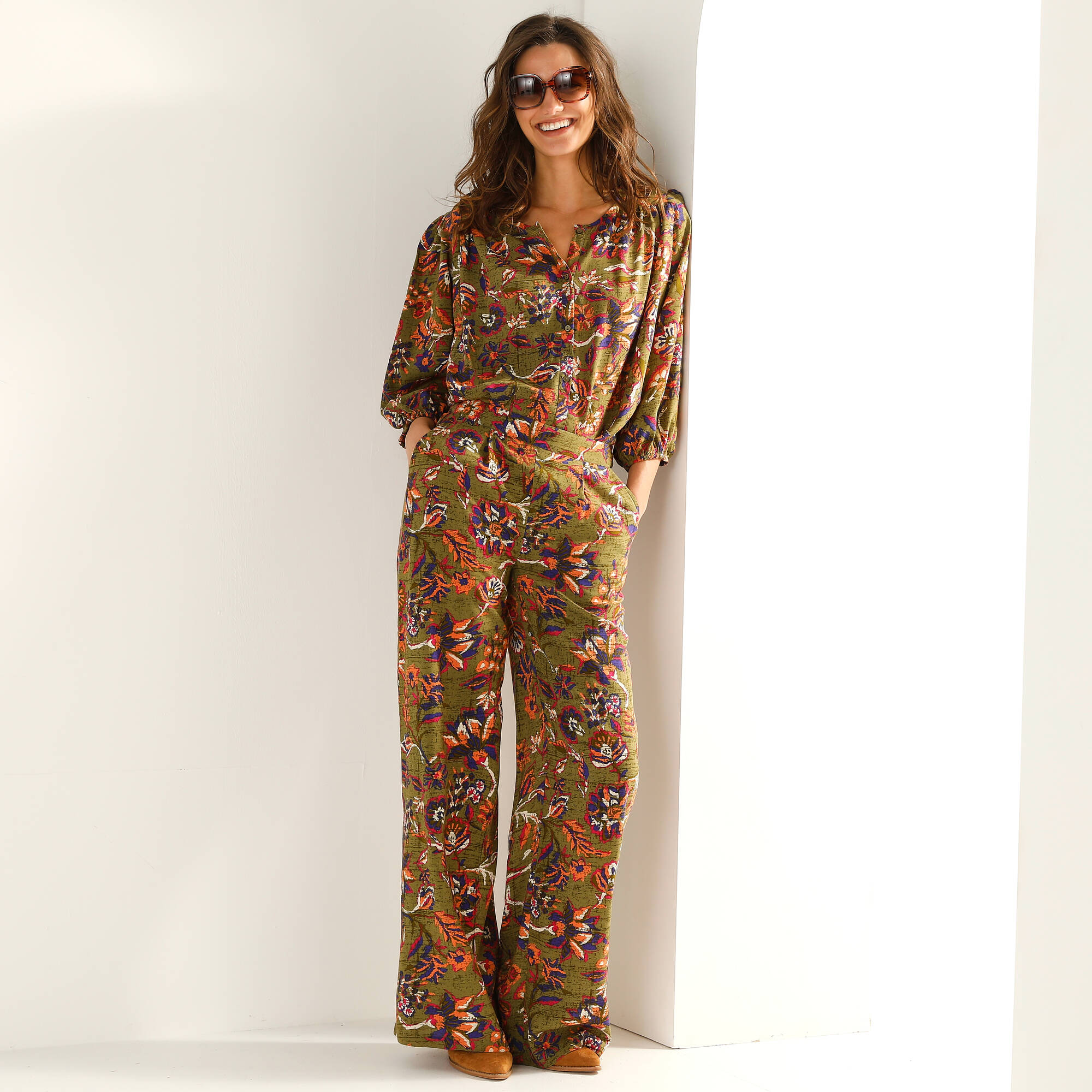 Pantalon large fluide, imprimé fleurs indiennes