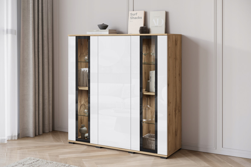 Nowoczesny highboard 120, wysoka witryna, szkło, wotan/biały połysk z LED