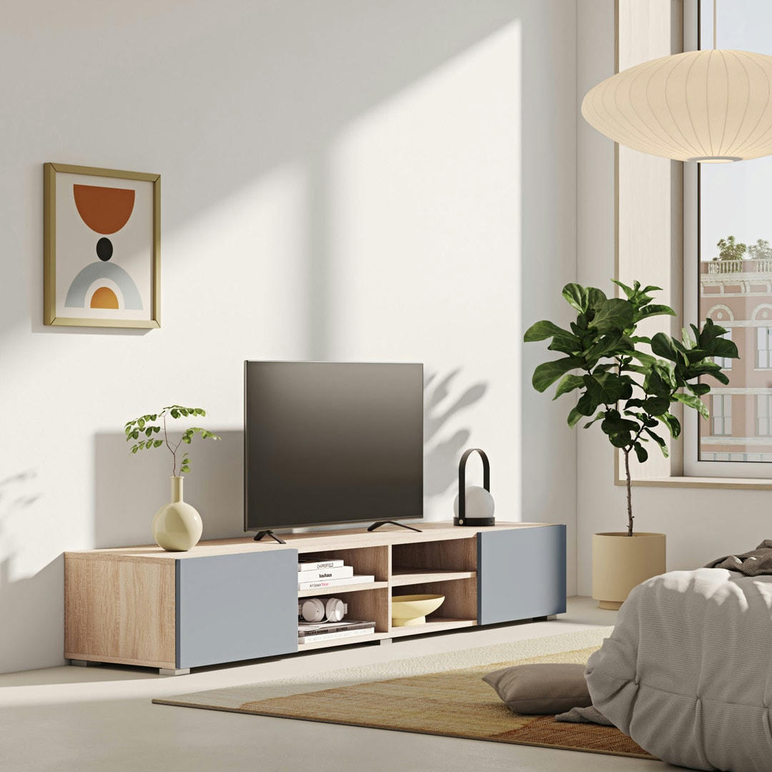 PODIUM - Meuble TV effet bois chêne et gris céladon