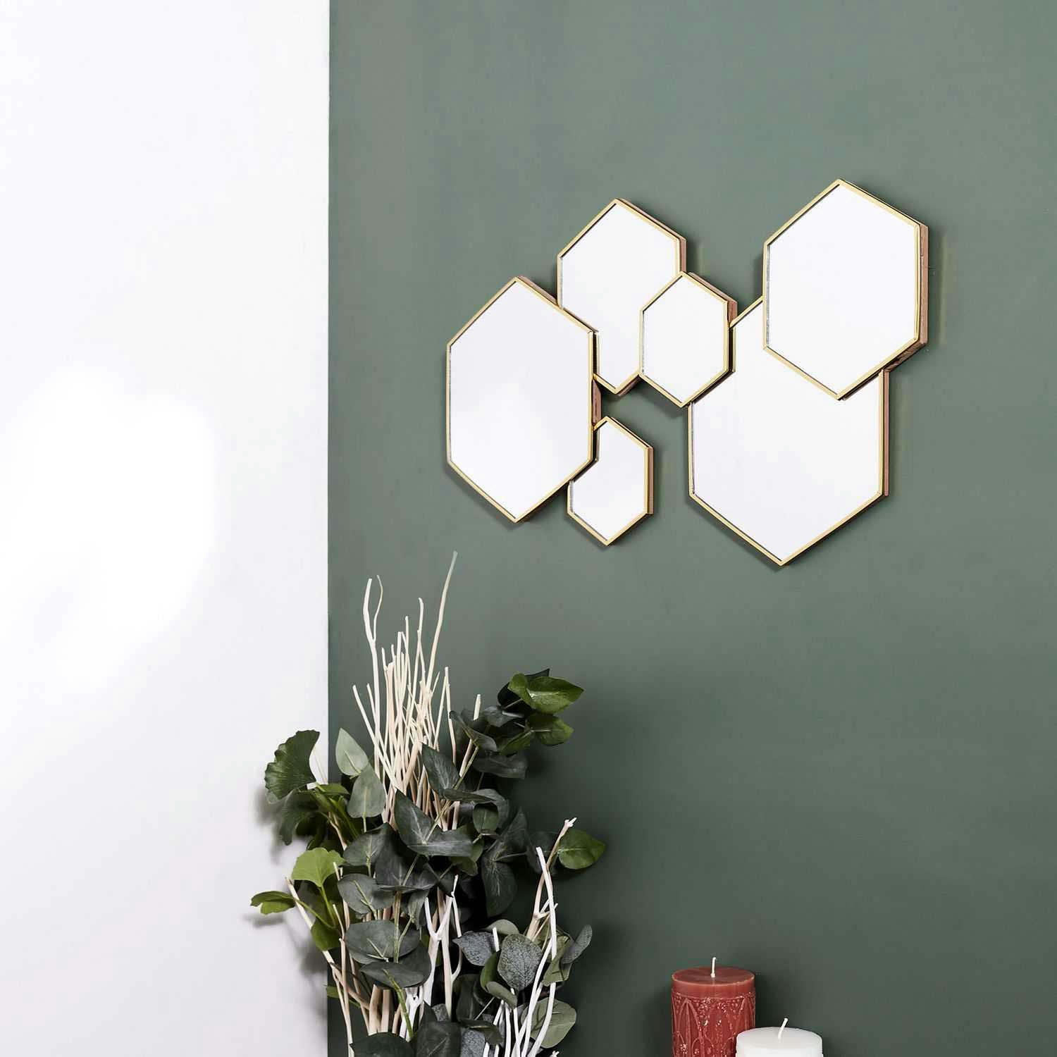- Décoration murale miroirs en métal doré hexagonale
