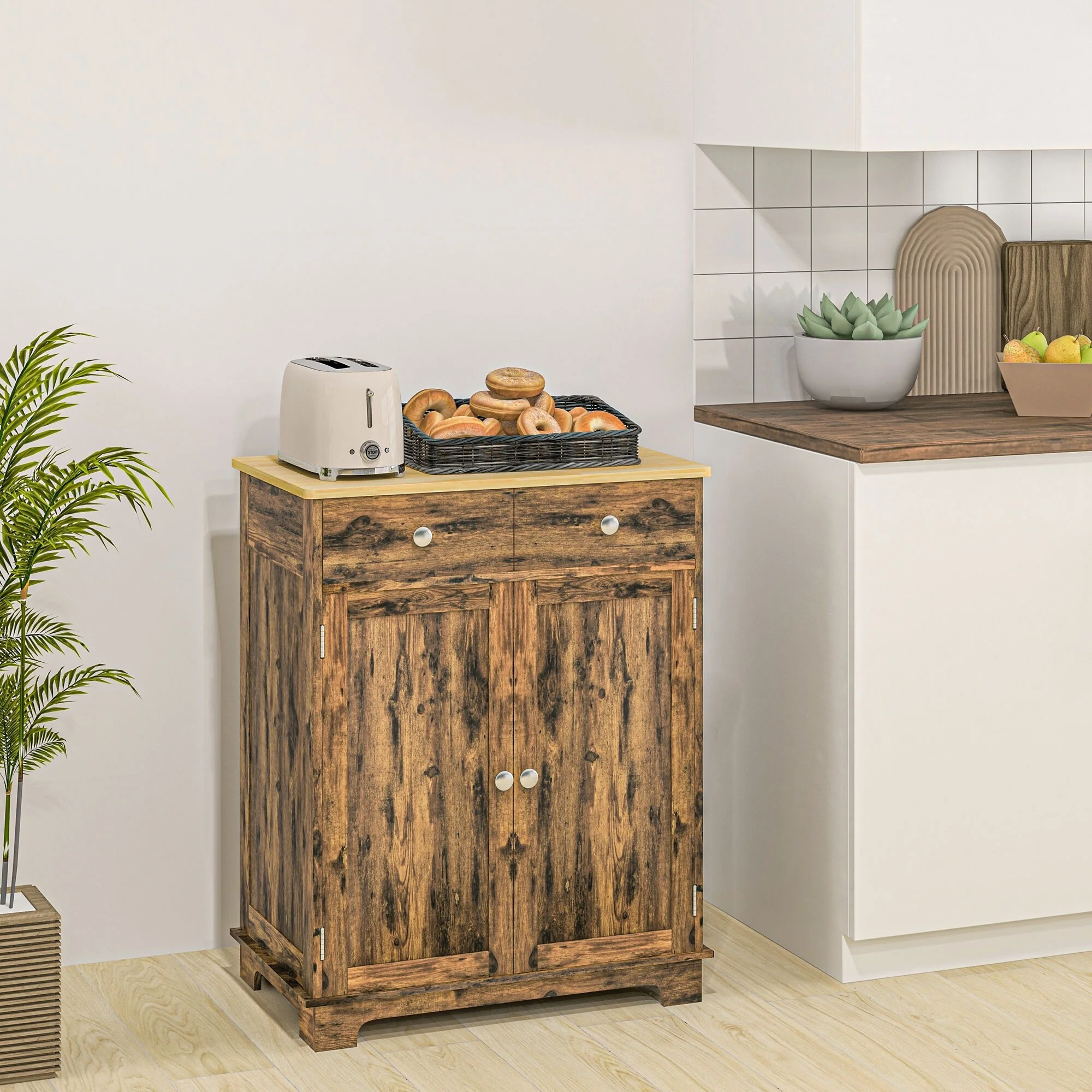 Modern Storage Cabinet with Solid Wood Countertop, 2 Drawers and Adjustable Shelf