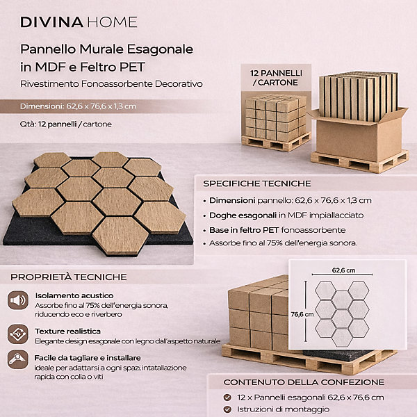 Panneau décoratif bois MDF motif hexagonal/feutre PET, lot de 12 (62x76cm), mural insonorisant, chêne