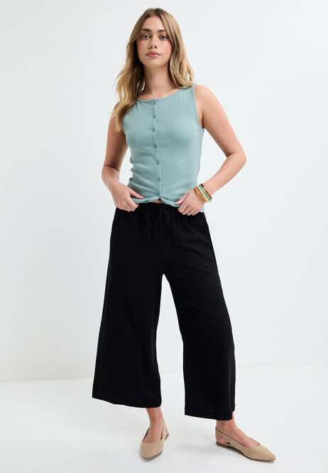 Womens Black Linen Blend Cropped Wide Leg Trousers