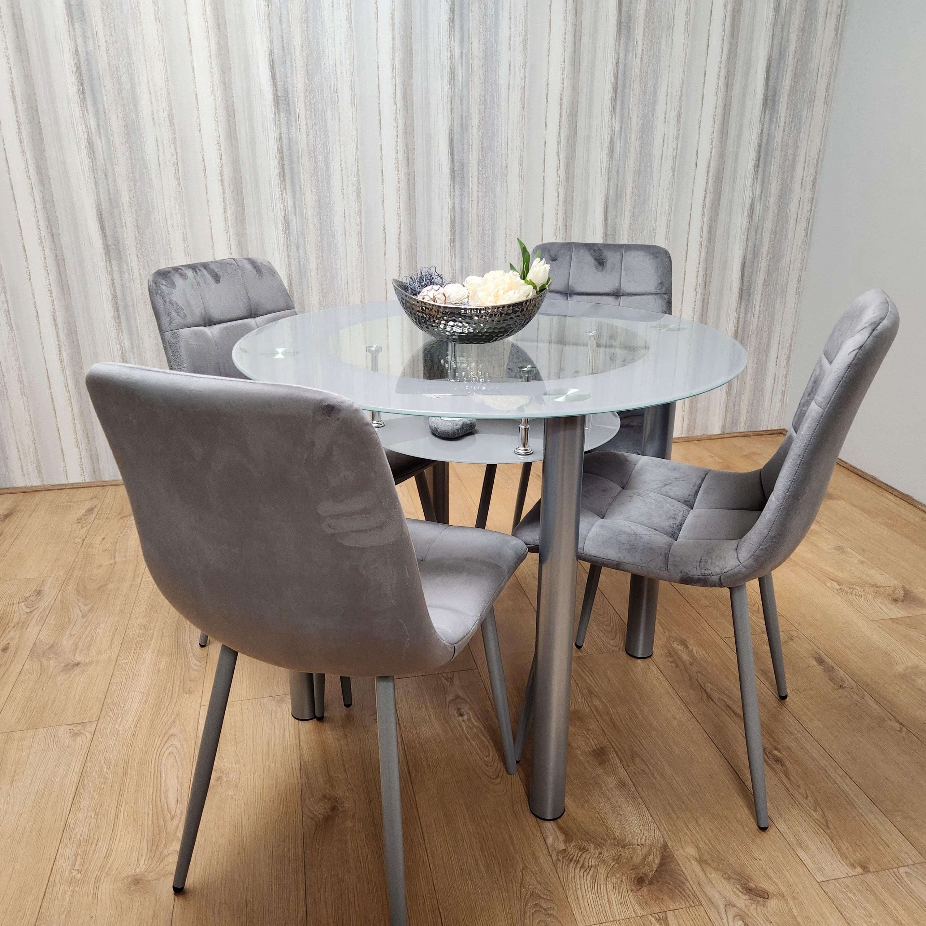 KOSY KOALA Round Glass Grey Kitchen Dining Table With Storage Shelf And 4 Grey Tufted Velvet Chairs Kitchen Dining Set