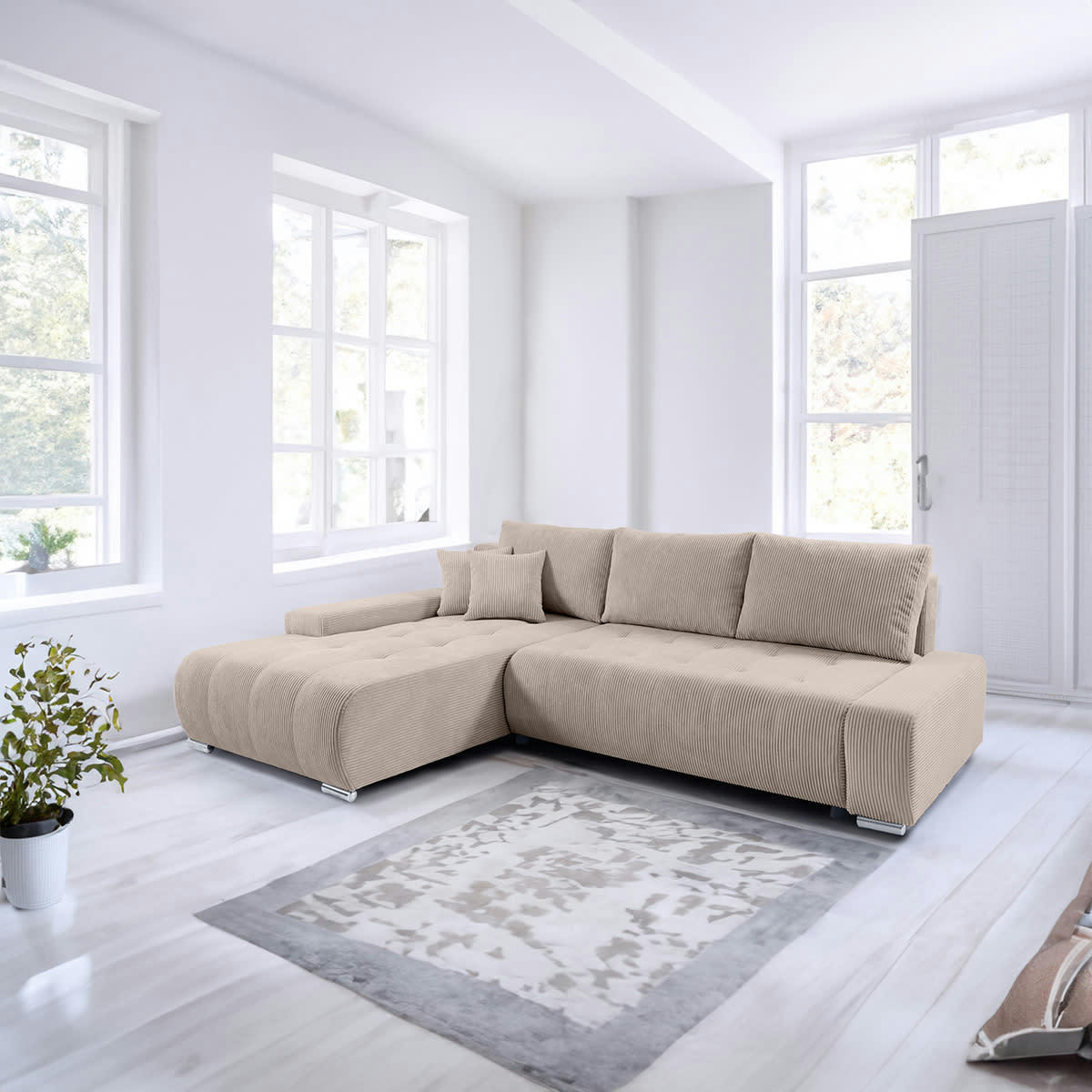 - Canapé d'angle convertible gauche 4 places coffre velours côtelé taupe