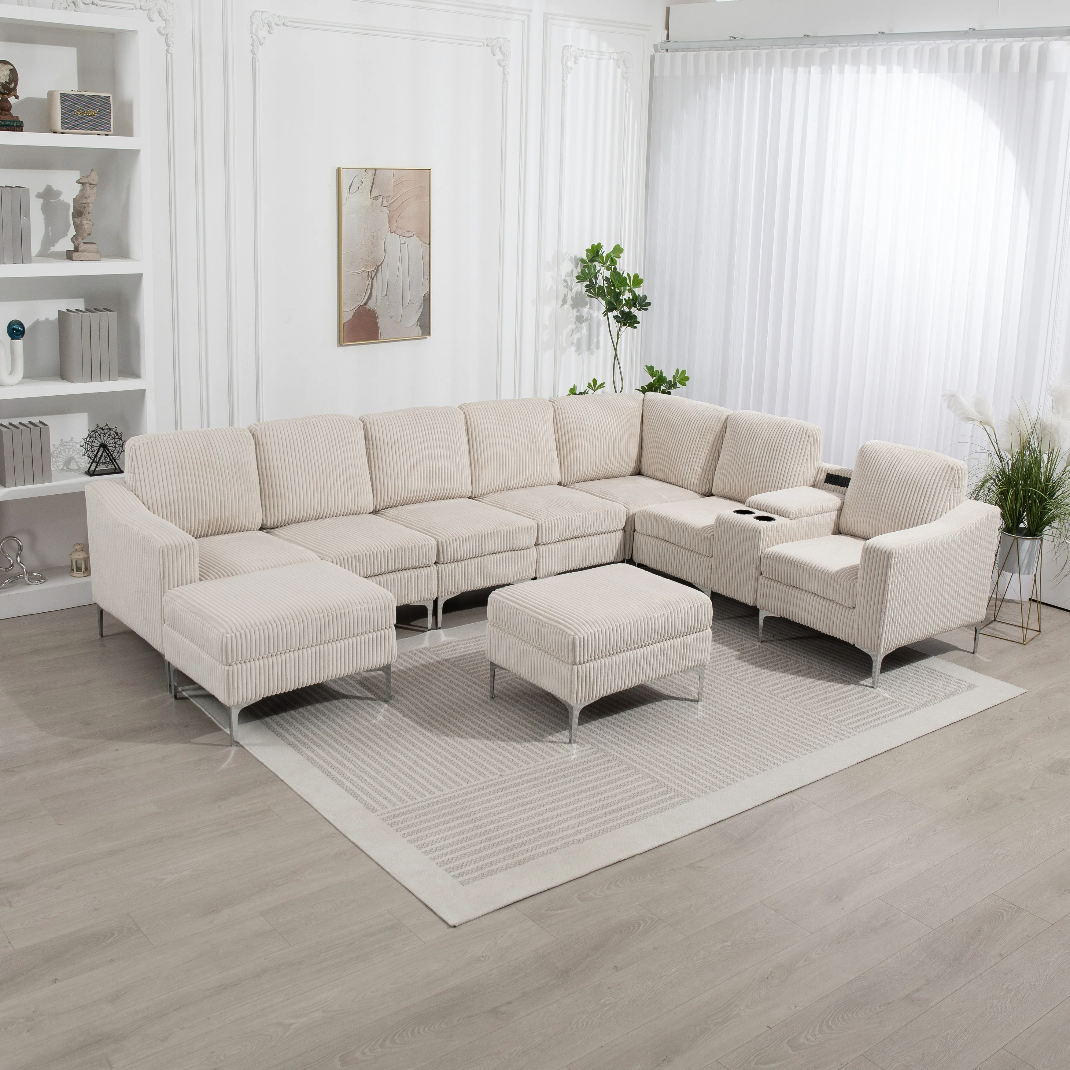 Convertible Sectional Sofa with 2 Storage Ottomans and Console Table