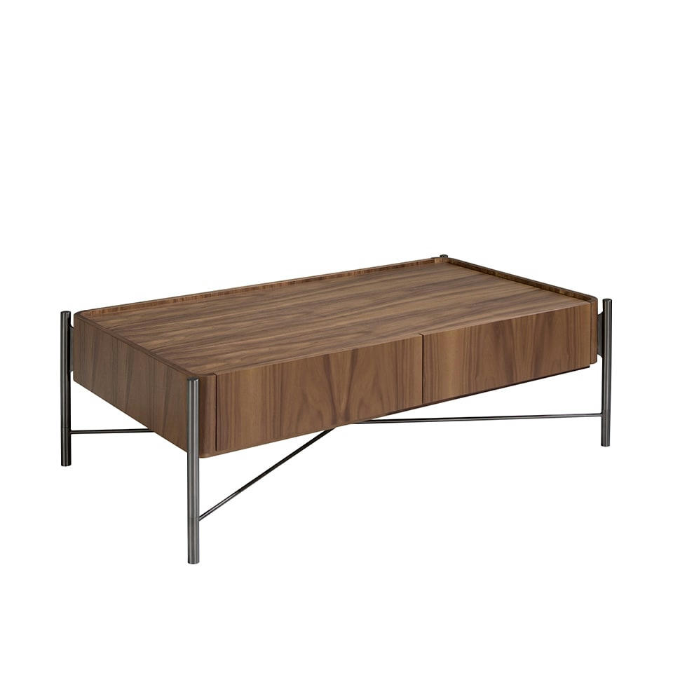 - Table basse rectangle effet bois noyer et acier 120 x 70 x 38 cm.