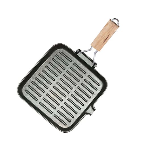 SOGA Cast Iron Ribbed Square Steak Grill Pan Wooden Handle 24cm