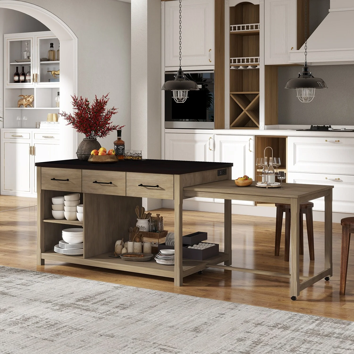 Mobile Kitchen Island, Extendable Table with USB Outlets and Storage