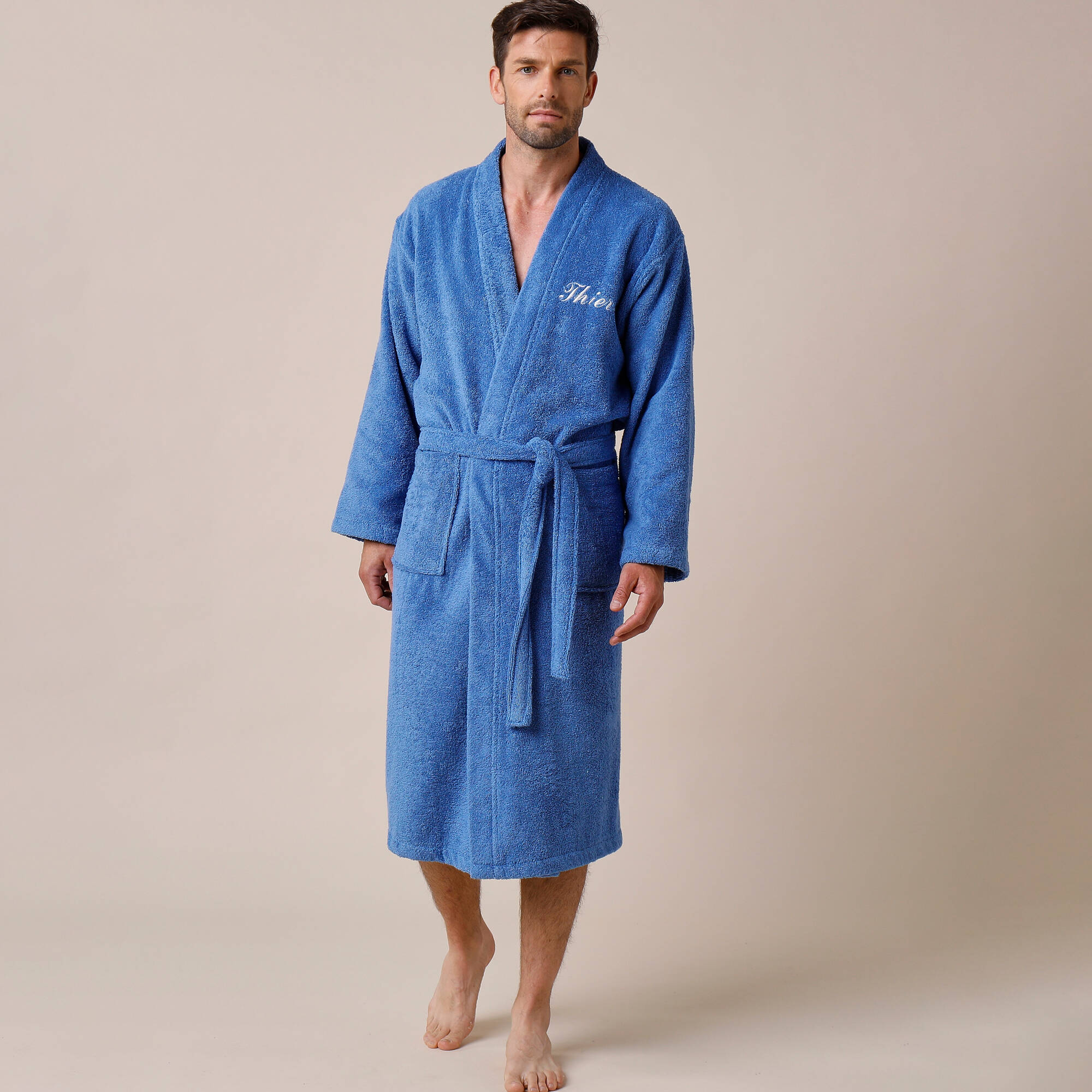 Peignoir mixte adulte uni coton éponge bouclette col kimono personnalisable