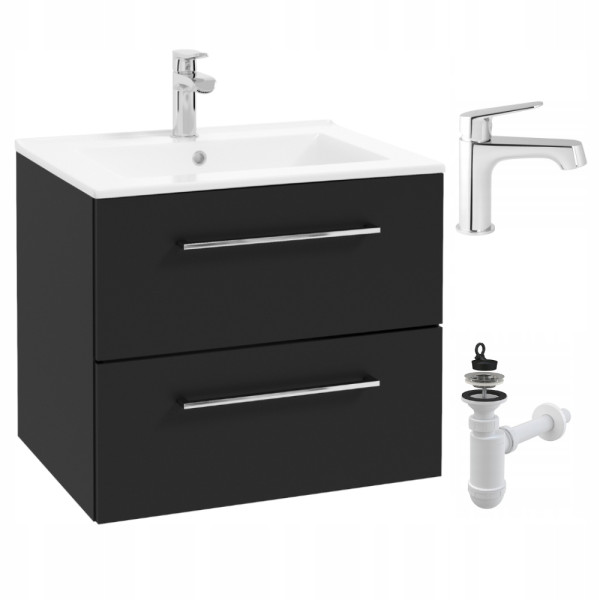 Szafka Łazienkowa z Umywalką 60 cm Czarna Mat Szuflady Bateria Chrom Wysoka