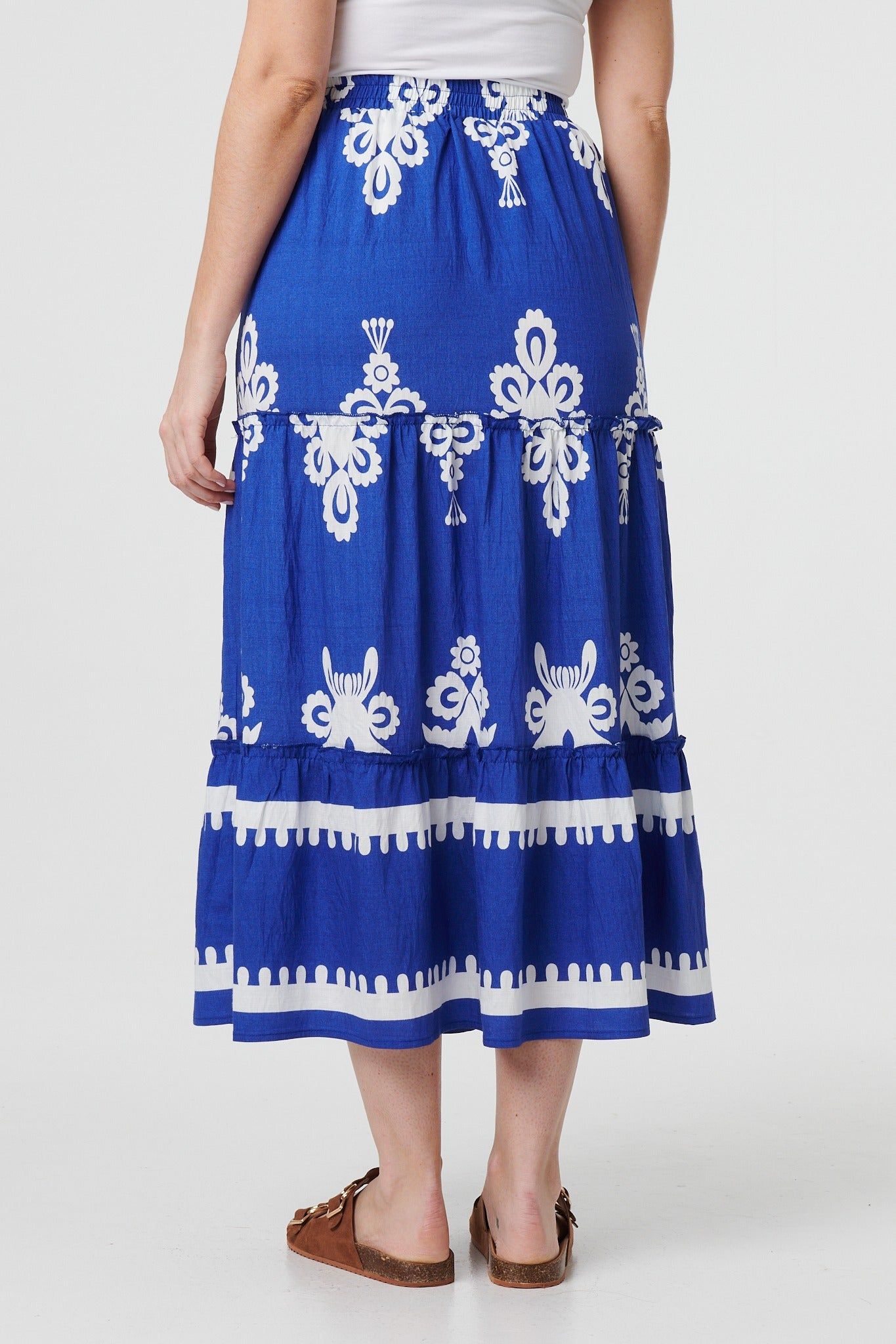 Izabel London Ikat Print Tiered High Waist Midi Skirt