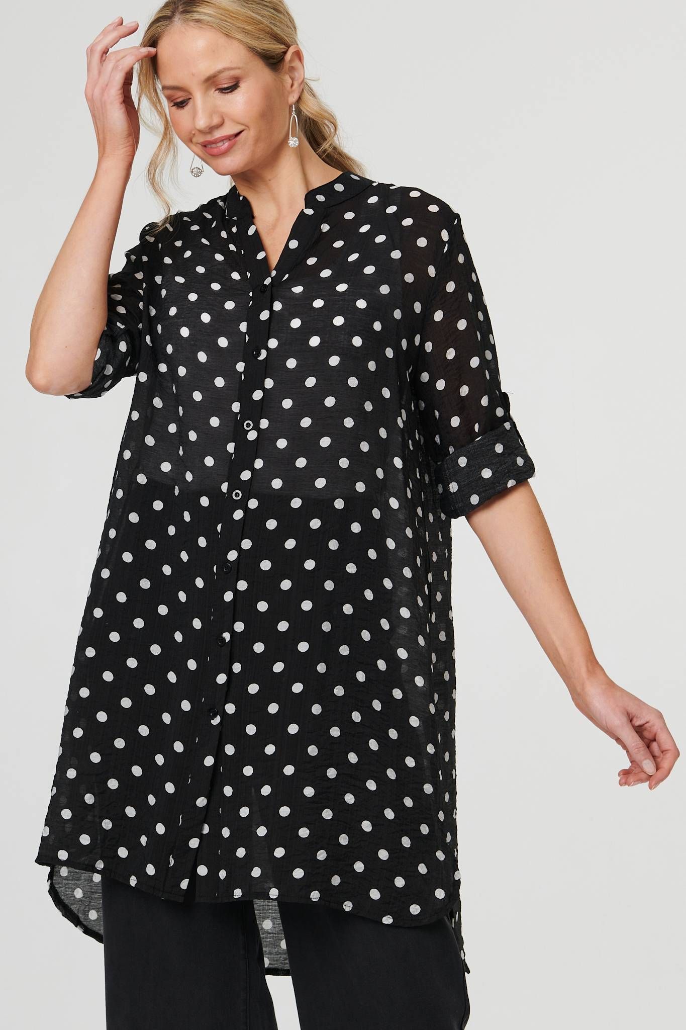 Izabel London Polka Dot Print Long Sleeve Tunic Shirt