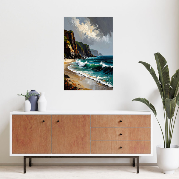 Plakat samoprzylepny do salonu sypialni Feeby Morze Plaża Skały Góry 20x30