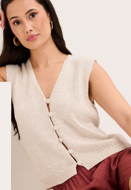 Womens Oatmeal Linen Blend Knitted Waistcoat