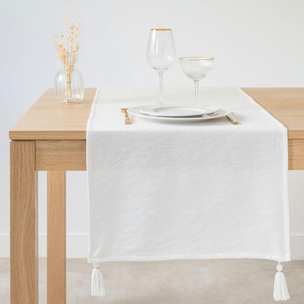 MELINE - Chemin de table tissé jacquard en coton écru 48x150