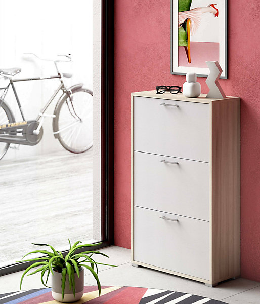 Meuble chaussures Dlos, Meuble d'entrée polyvalent avec 3 portes pliantes, Meuble à double profondeur, 67x28h112 cm, Blanc et Orme