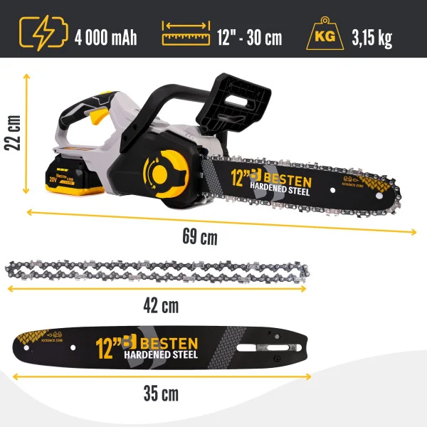 Piła łańcuchowa 12" bezszczotkowa, 2xAku 4.0Ah, zestaw XXL BESTEN