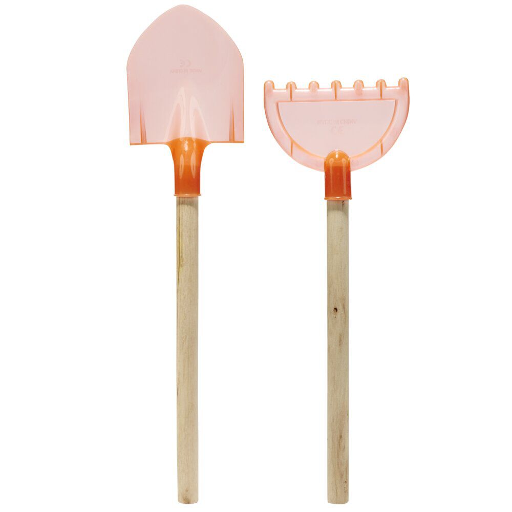 Pelle de plage en plastique rouge corail et manche bois L42cm