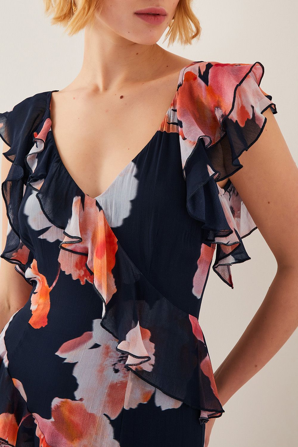 Monsoon Carrie Floral Ruffle Chiffon Maxi Dress Black