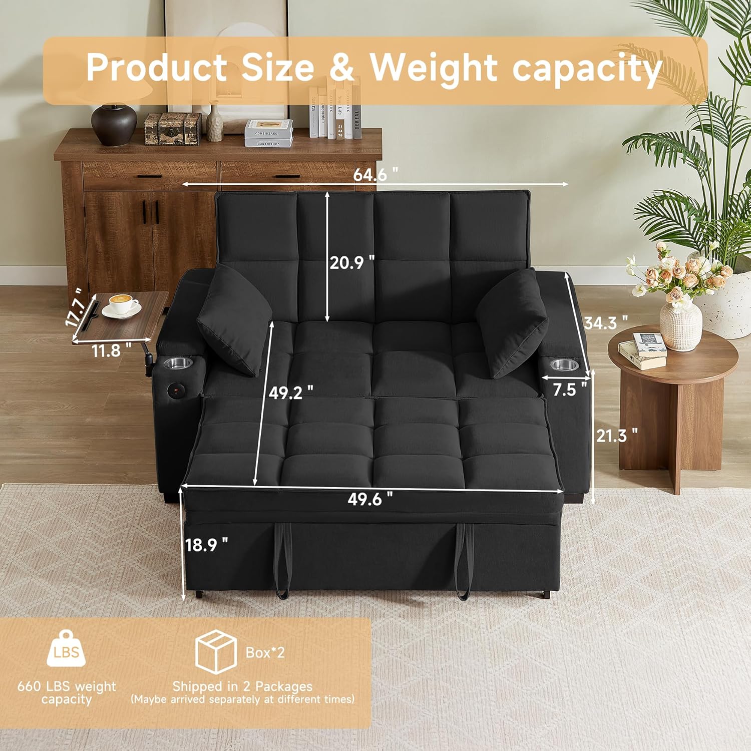 ​66 Multi-Functional Pull-Out Sofa Bed with Hidden Side Table, Storage Armrests, Built-in Charging Port, Spring Mattress, Solid Wood Frame – Ideal for Small Spaces, Easy Assembly